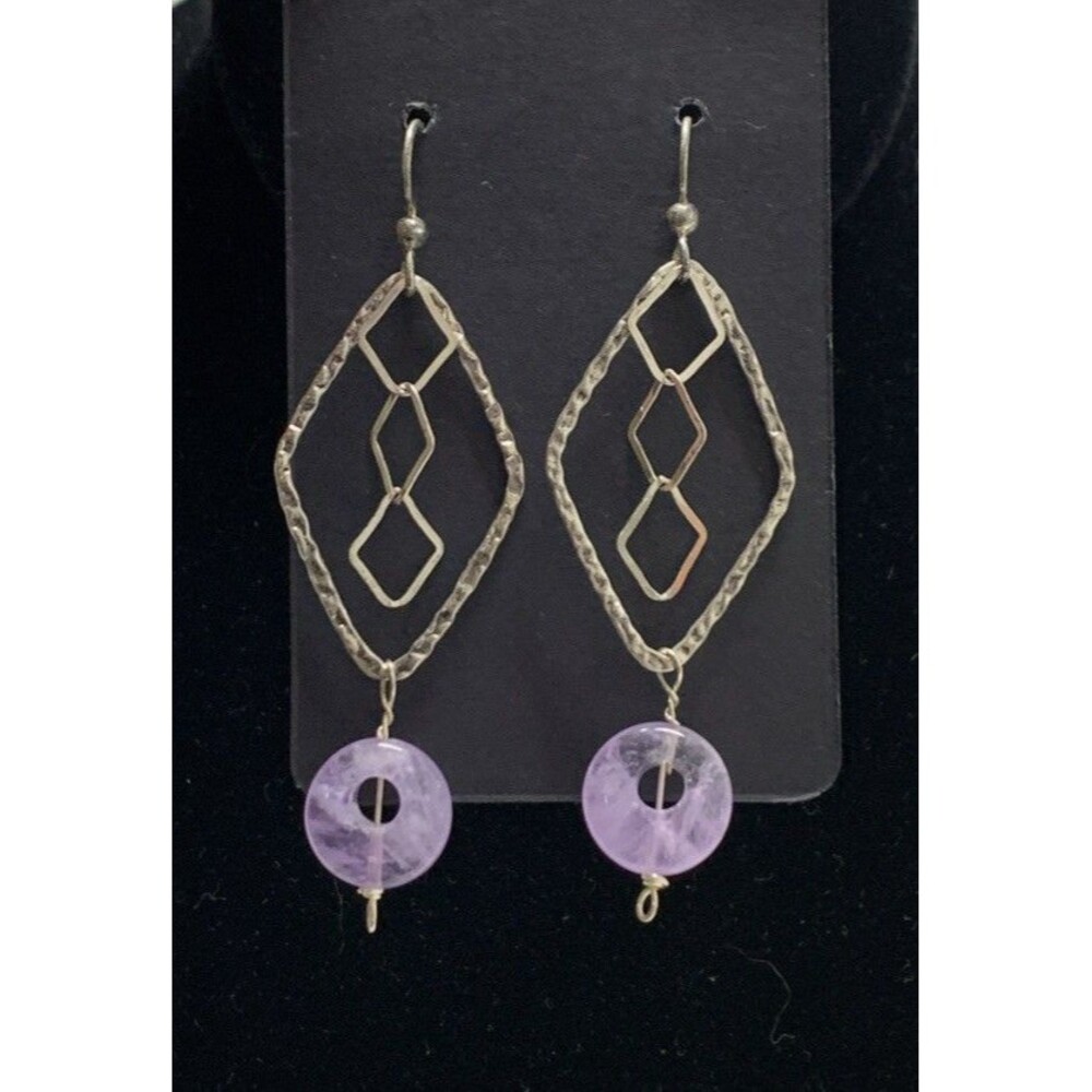 Sterling Silver Amethyst Earrings Oxidized Hammered Geometric Dangle Modern Boho
